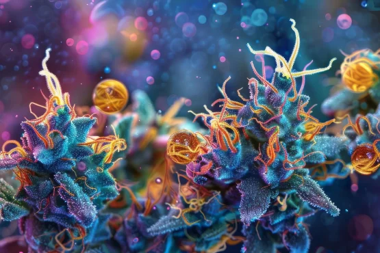 Cannabis Chemistry A digitally enhanced photograph of a microscope view focused on a cannabis trichome, with colorcoded representations highlighting the presence of specific cannabinoids and terpenes, aiding in the study of cannabis chemistry and pharmacology